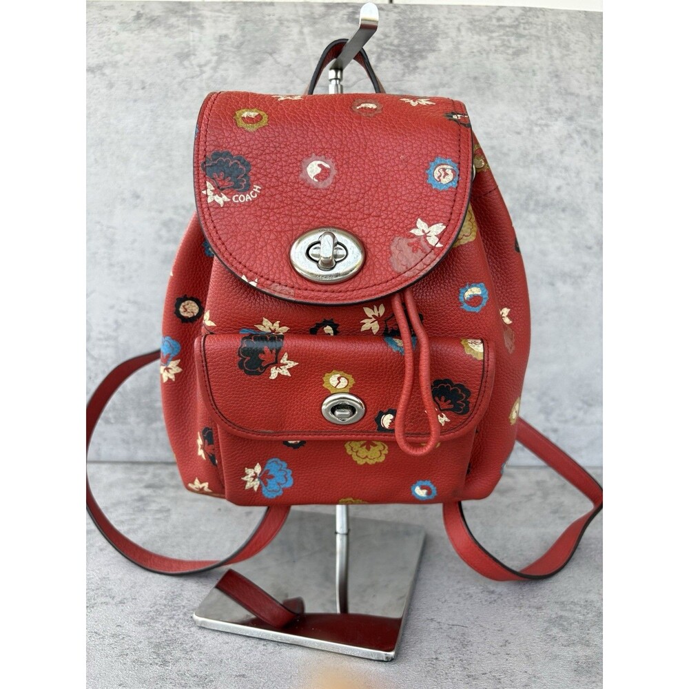 Coach Mini Campus Leather Backpack TurnLock Red Racksack Floral Print 57702